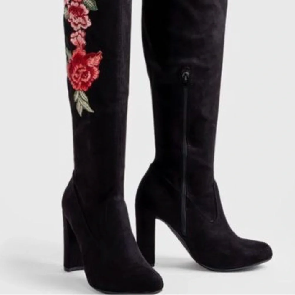 Steve Madden Black Rose Embroidered Over the Knee Faux Suede Boots